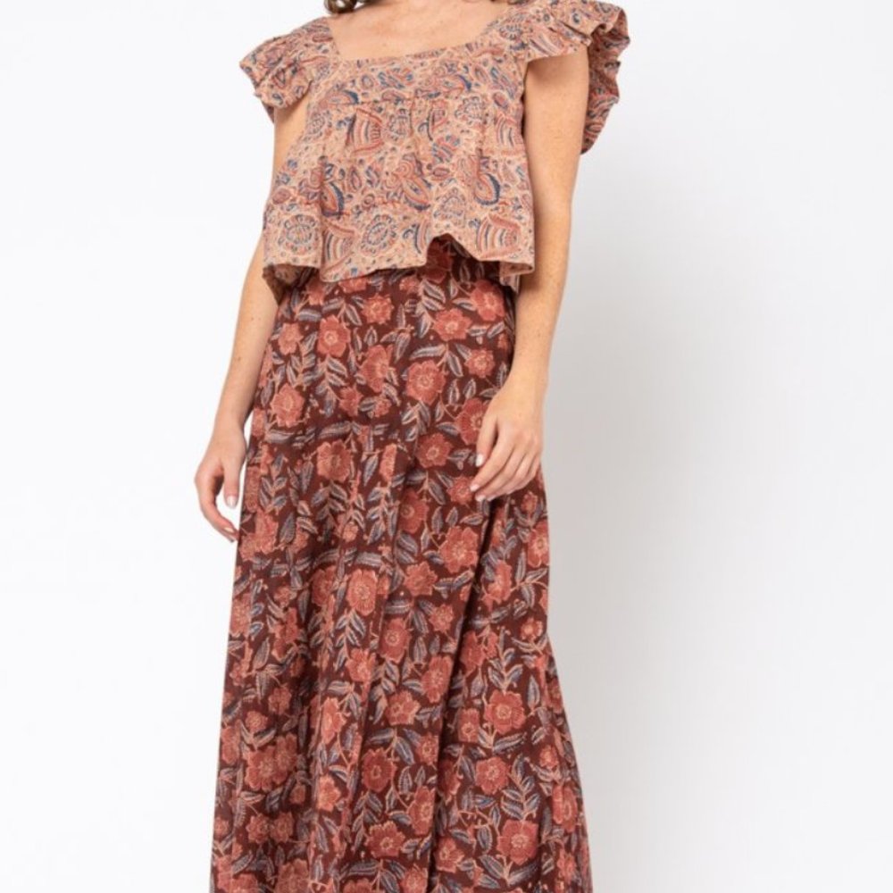 Matta Blockprint Tabi Kalamkari Top - Red & Blue Paisley print - Size M